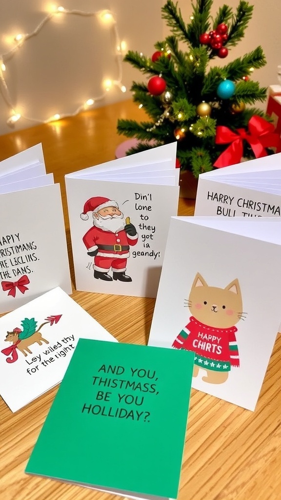 A variety of funny Christmas cards with humorous designs and captions on a festive table.